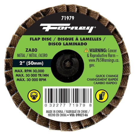 Forney Quick Change Flap Disc, 80 Grit, 2 in 71979